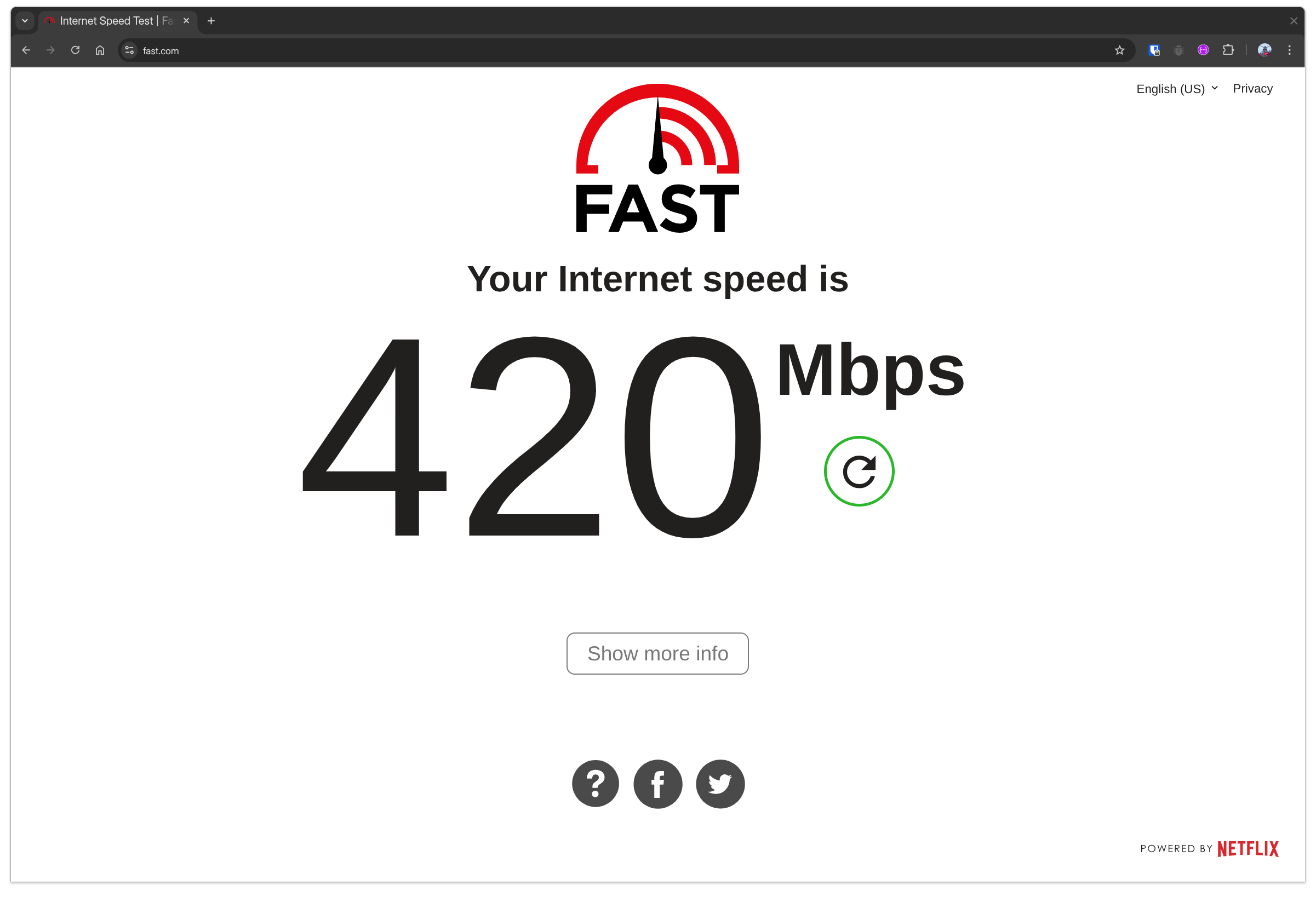 Internet speed test result is 400Mbps