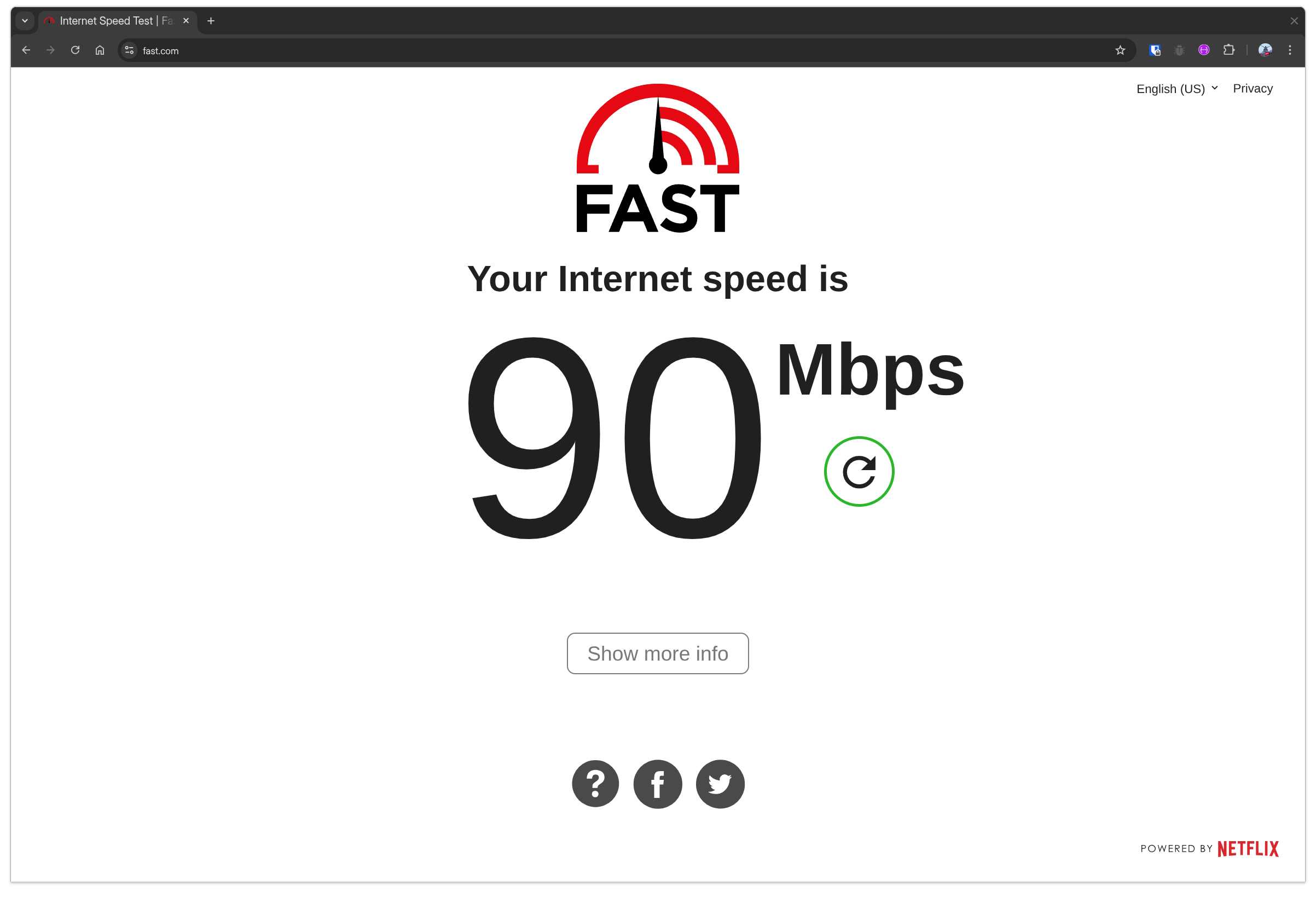 Internet speed test result is 90Mbps