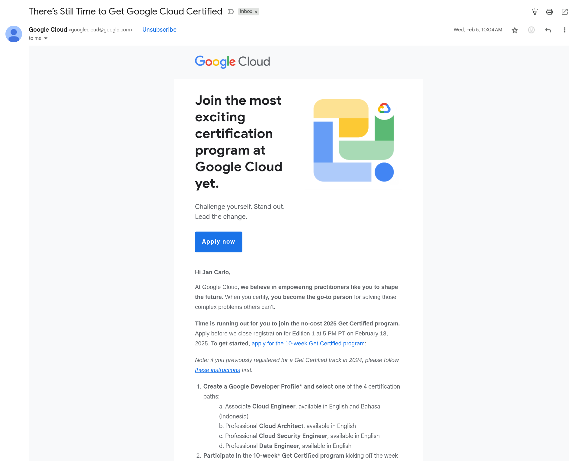 Early promotional email I received from GCP